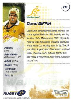 2003 Kryptyx The Defenders Australian Rugby Union #81 David Giffin Back